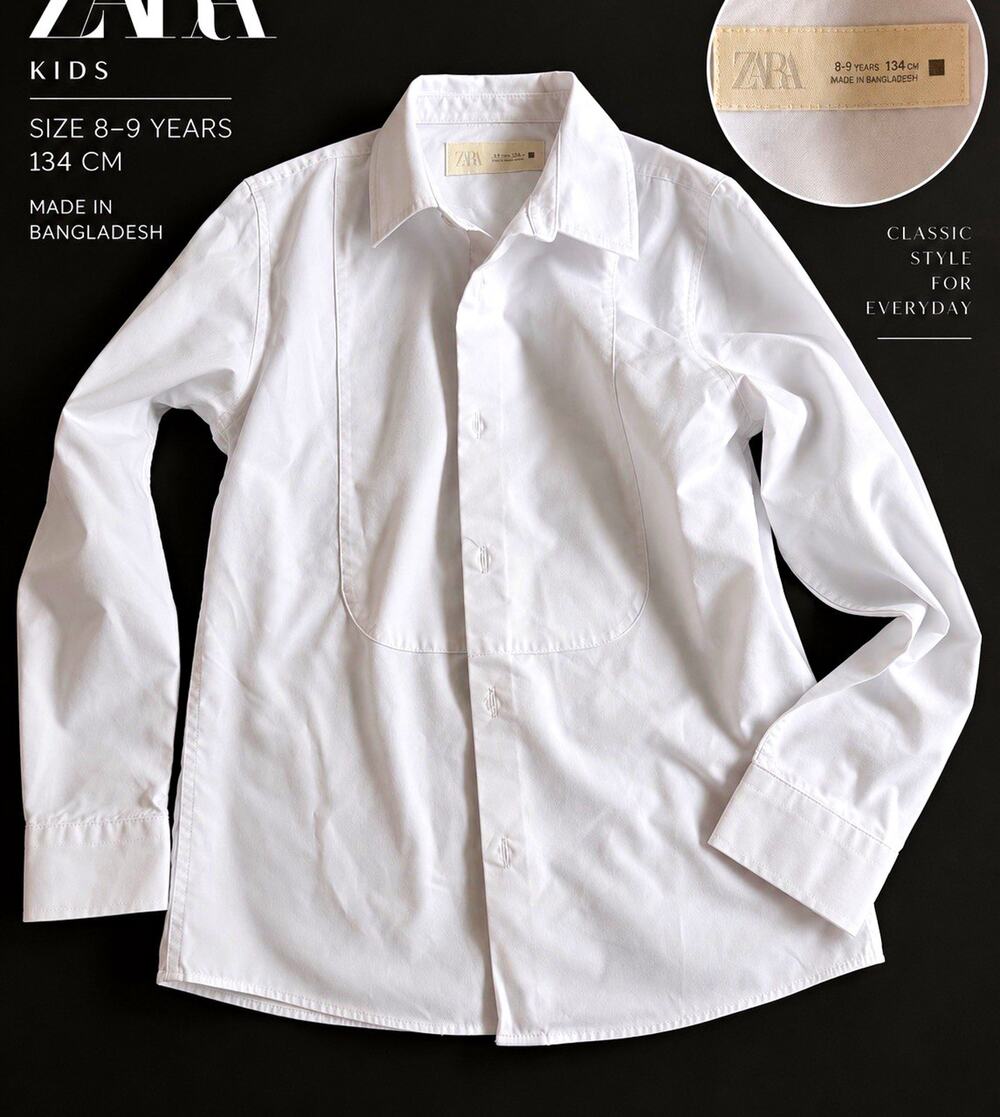 ZARA Kids Boys Formal White Solid Long Sleeve Collared Button-Up Shirt 8-9Y